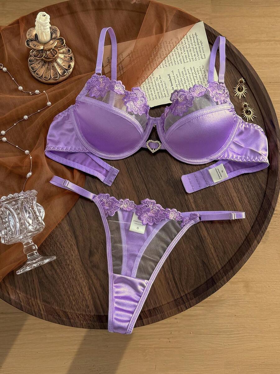 Divavoom Women's Sexy Hollow Lace Striped Satin Non-See-Through Underwire Bra And T-Back Panty Lingerie Set, 2 Pieces - Purple - View 1