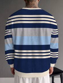 Gym Rark Retro Multi-Tone Horizontal Stripe Men Pullover Sweatshirt, Waffle Knit Textured Navy Blue Light Blue Grey Cream Contrast Stripes, Loose Drop Shoulder - Multicolor - View 2