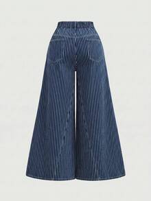 SHEIN MOD Plus Size Casual Striped Wide Leg Jeans - Blue - View 2