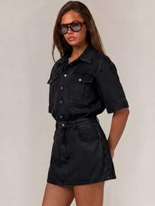 Athîral Denim 女款短袖單排扣休閒口袋牛仔洋裝 - 黑色 - 查看 5