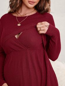 SHEIN 孕婦純色圓領長袖休閒哺乳洋裝 秋季 - 酒紅色 - 查看 6