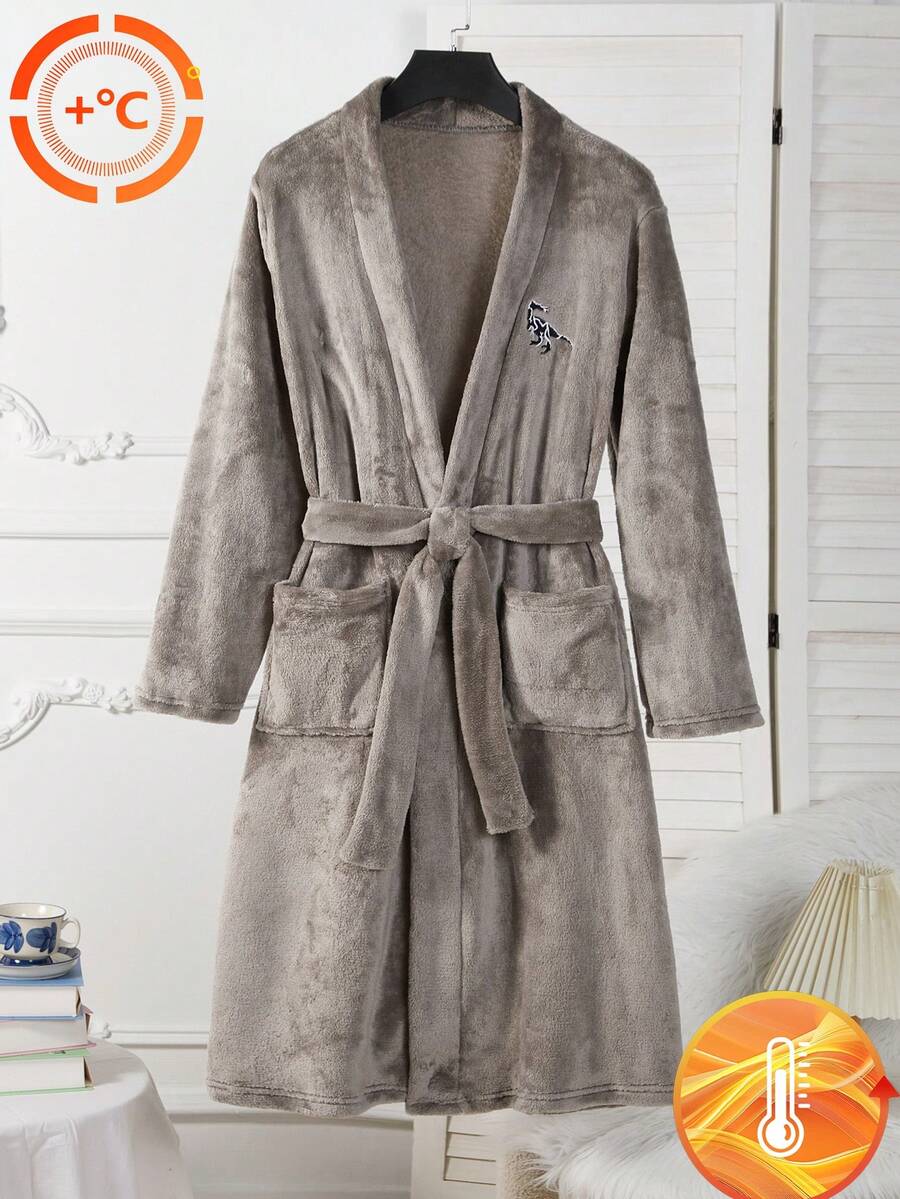 Jubah Fleece Lengan Panjang Nyaman dengan Saku dan Bordir untuk Remaja Laki-laki - Grey - View 1
