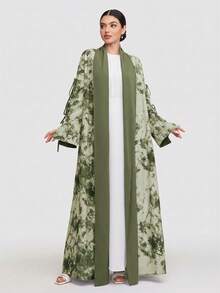 Veilorie 女士优雅扎染系带细节前开襟宽松阿拉伯长袍 - 軍綠色 - 查看 1