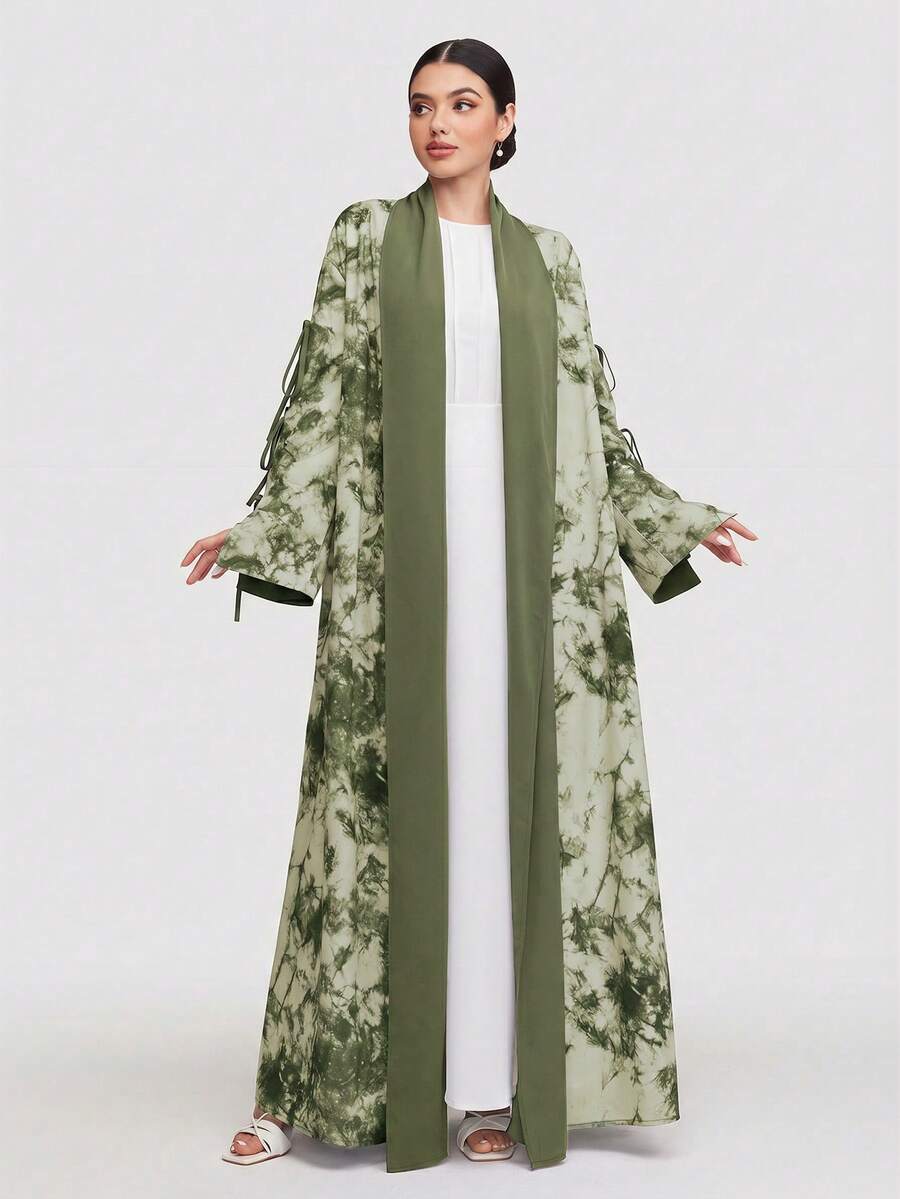 Veilorie 女士优雅扎染系带细节前开襟宽松阿拉伯长袍 - 軍綠色 - 查看 1