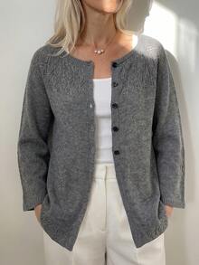 Sprig & Strand Cardigan Rajut Wanita Warna Abu-abu Bahan Linen, Leher Bulat, Motif Bunga Berongga, Lengan Panjang, Model Longgar dan Lembut - Grey - View 1