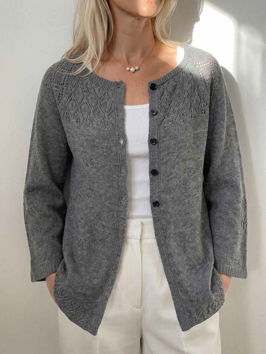 Sprig & Strand Cardigan Rajut Wanita Warna Abu-abu Bahan Linen, Leher Bulat, Motif Bunga Berongga, Lengan Panjang, Model Longgar dan Lembut - Grey - View 1