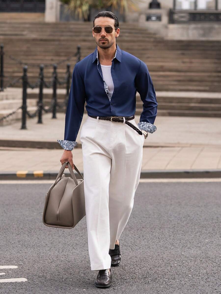 YOUESAWY YOUESAWY 1pc Men Floral Patchwork Print Long Sleeve Button Down Formal Shirt, Chic Party Wear For Spring And Autumn, Fall, Old Money Style, Ceremony - Navy Blue - View 1
