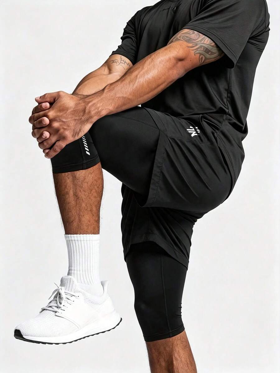 Manfinity Gritte Field Men's Sports Shorts, Elastic Drawstring, 2 In 1, Running Workout, Outdoor Casual - Black - View 1