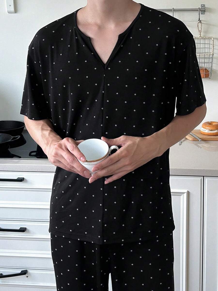 DAZY Spring Black Knit Polka Dot Comfortable Fabric T-Shirt With Elastic Waist Long Pants Men's Loungewear Set - Black - View 1