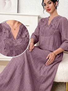 Al Najma Women's Notch V-Neck Casual Party & Travel Arabian Dress - Dusty Pink - View 1