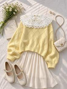 Franclia Women's Lace Patchwork Casual Versatile Daily Wear Cardigan - Yellow - View 2