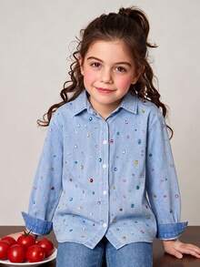 SHEIN Elladie kids 女童藍色印花時尚設計襯衫，翻領長袖寬鬆休閒襯衫，春/秋季休閒襯衫 - 藍色 - 查看 5