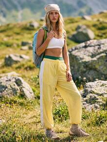 Exploreva Exploreva Women's Casual Comfortable Street Sporty Style Elastic Low Waist Drawstring Contrast Color Side Pockets Loose Fit Jogger Pants - Yellow - View 5