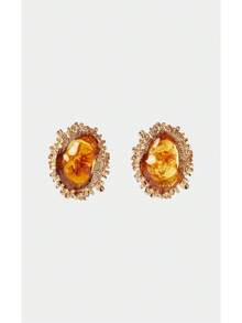 Noxbound Bohemian Casual Vacation Wind Metal Texture Inlaid Tortoiseshell Asymmetric Oval Resin Stud Earrings - Gold - View 2
