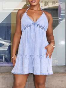 Steph T Casual Backless Halter Neck Denim Dress For Women - Blue - View 4