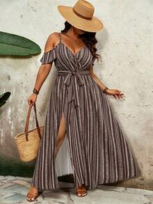 SHEIN VCAY Plus Size Minimalist Vacation Off-Shoulder Tie-Up Slit Dress - Multicolor - View 3