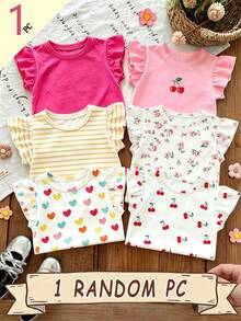 SHEIN (Random Pattern, 1 Pc Random) Girls' Fresh Cute Colorful Heart Floral Stripe Cherry Pattern Basic Flutter Sleeve Short T-Shirt, Casual Wear - Pink - View 1