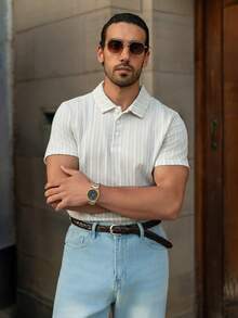 YOUESAWY YOUESAWY Men's Front Button Short Sleeve Striped Casual Polo Shirt - Coffee Brown - View 1