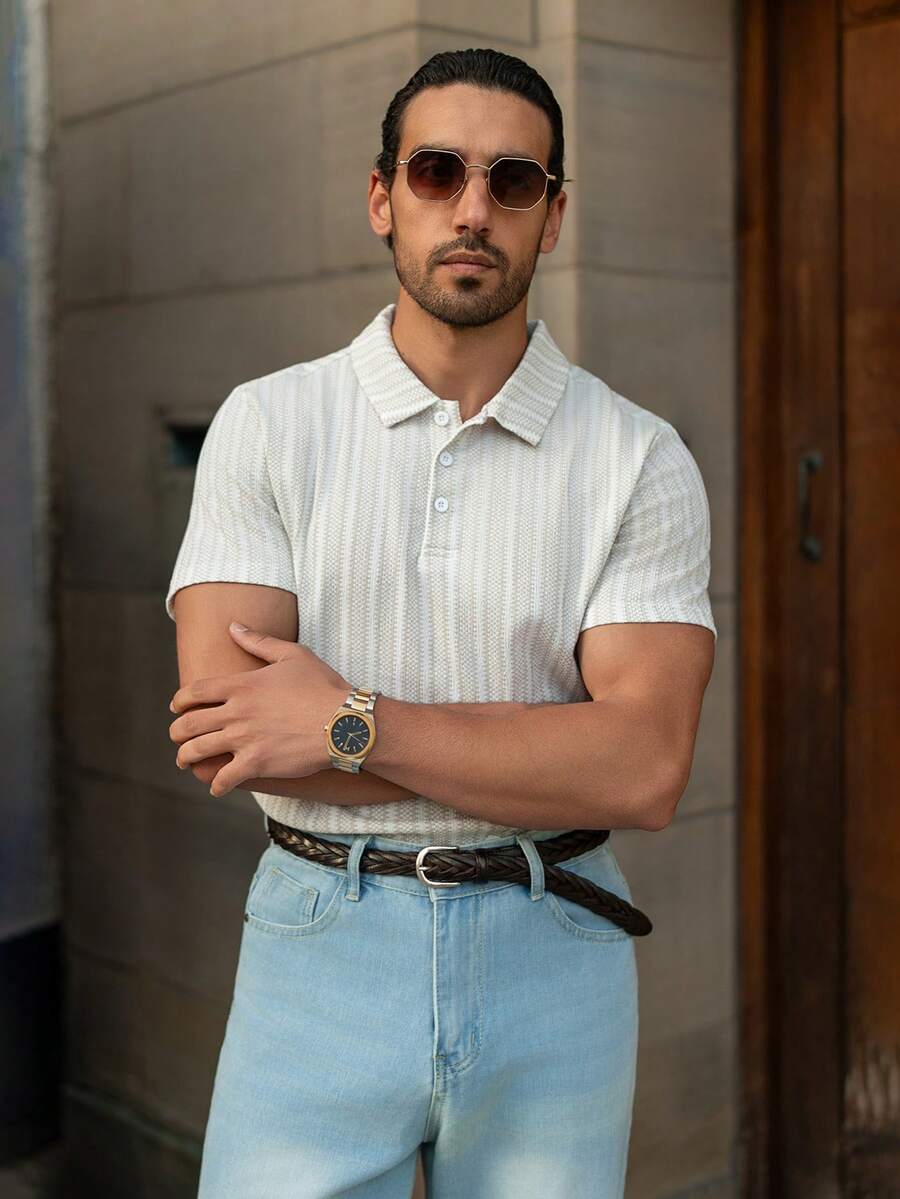 YOUESAWY YOUESAWY Men's Front Button Short Sleeve Striped Casual Polo Shirt - Coffee Brown - View 1