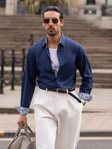 YOUESAWY YOUESAWY 1pc Men Floral Patchwork Print Long Sleeve Button Down Formal Shirt, Chic Party Wear For Spring And Autumn, Fall, Old Money Style, Ceremony - Navy Blue - View 6