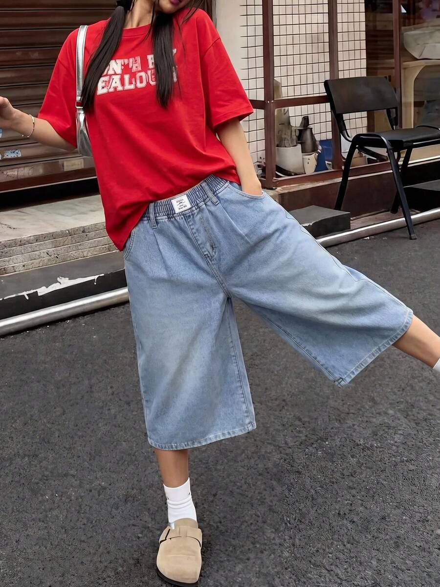 SHEIN 青少年女孩時尚返校街頭風混搭百搭設計 Y2K 復古酷感街頭鬆弛舒適彈性腰頭設計 藍色丹寧 8 吋鬆寬腿牛仔褲 日常穿著 春夏電音節慶與街頭穿搭 - 藍色 - 查看 1