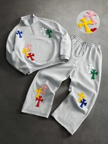 PAVTROS Men's Cross Embroidery Pullover Sweatshirt & Sweatpants Set - Grey - View 7