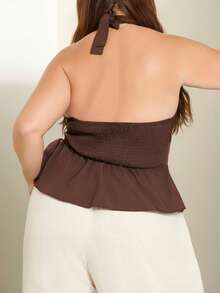 Lele Munniz Atasan Tank Top Kasual Wanita Ukuran Plus dengan Tali Lebar, Leher Halter, Hem Berkerut, dan Pinggang Terikat, Cocok untuk Kerja dan Pakaian Sehari-hari di Musim Panas. - Coklat - View 2