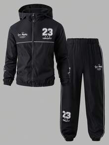 SHEIN 青少年男孩 2件組 Los Angeles 23號圖案夾克與長褲套裝，純黑色對比滾邊秋冬運動服，秋季穿搭 - 黑色 - 查看 1