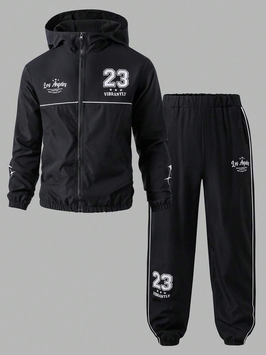 SHEIN 青少年男孩 2件組 Los Angeles 23號圖案夾克與長褲套裝,純黑色對比滾邊秋冬運動服,秋季穿搭 - 黑色 - 查看 1