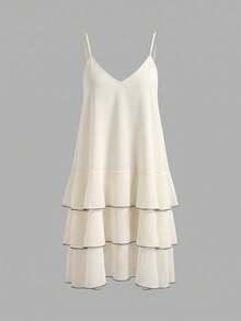 SHEIN LUNE Off-White 夏季優雅休閒熱帶茶會海灘度假風 絲綢V領黑色包邊雙層蛋糕式胸衣裙 不對稱設計 - 杏色 - 查看 5