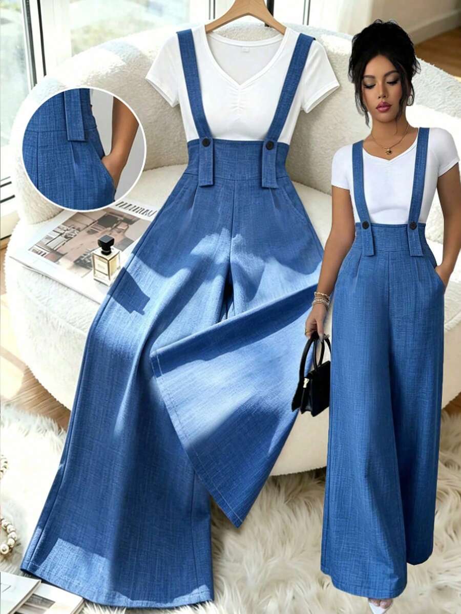 Elenzga Women's Short Sleeve Casual Faux Linen 2-In-1 Jumpsuit - Navy Blue - View 1