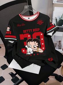 Betty Boop x SHEIN 女款字母卡通印花圓領短袖休閒T恤 - 白色 - 查看 3