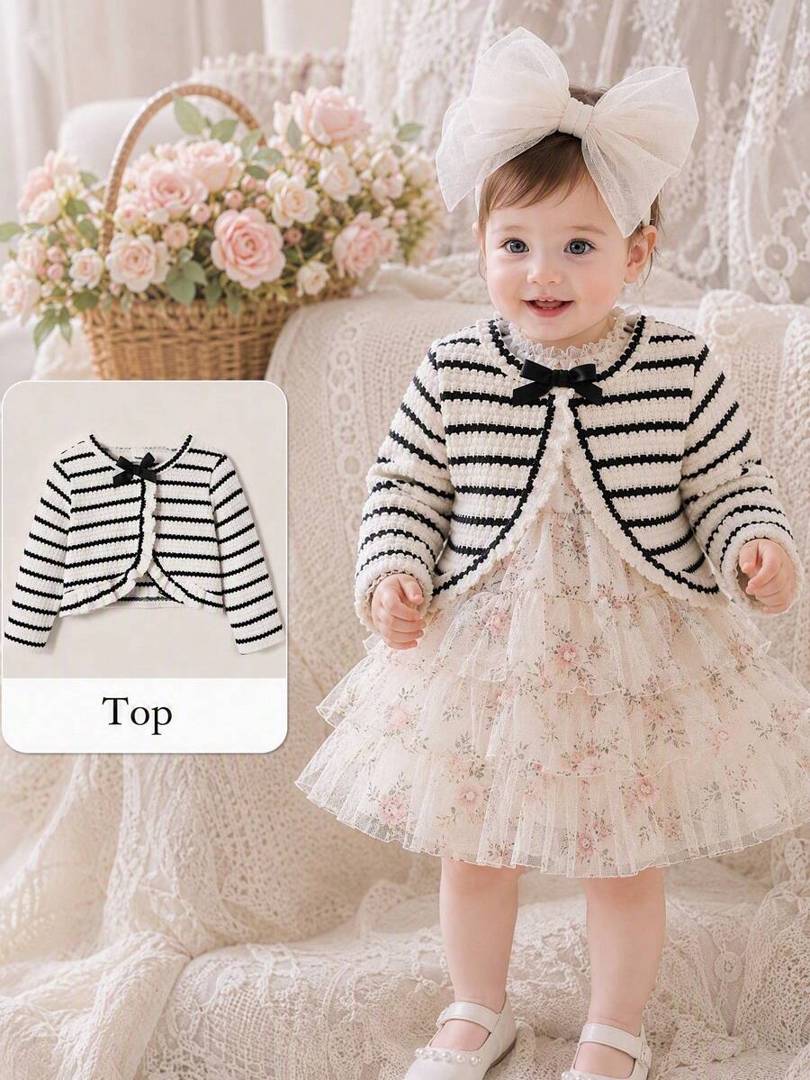 SHEIN Vintaside Kids 女嬰春夏紋理布料舒適百搭休閒夾克 - 黑與白 - 查看 1