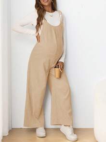 SHEIN 孕婦休閒細肩帶蝴蝶結修身長版連身褲 秋季 - 卡其色 - 查看 1
