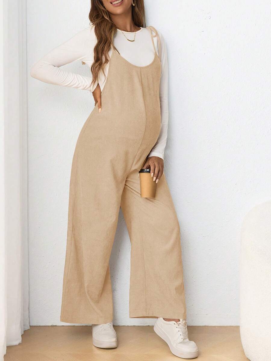 SHEIN 孕婦休閒細肩帶蝴蝶結修身長版連身褲 秋季 - 卡其色 - 查看 1