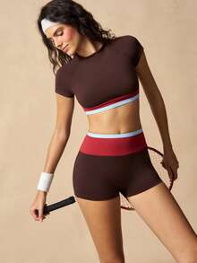 VARSIVA Women's Colorblock Short Sleeve Top And Shorts Casual Daily Sports Set - Multicolor - View 6