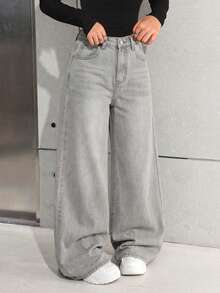 SHEIN Teen Girl Fashion Versatile Button Pocket Loose Fit Jeans - Light Grey - View 7