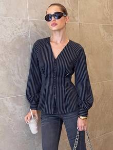 Siren Gaze Women's Navy Striped V-Neck Button-Front Shirt With A Fitted Waist And Lantern Sleeves-A Slimming Top Ideal For The Workplace - Navy Blue - View 7