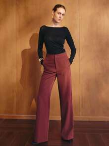 MOTF PREMIUM WOMEN'S BURGUNDY STRIPED SUIT PANTS, ELEGANT COMMUTE STYLE, AUTUMN/WINTER - Burgundy - View 4