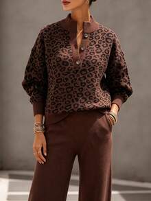 Omancia Leopard Print Stand Collar Sweater + Sweater Pants 2 Pieces Set, Autumn/Winter Knitwear - Coffee Brown - View 3