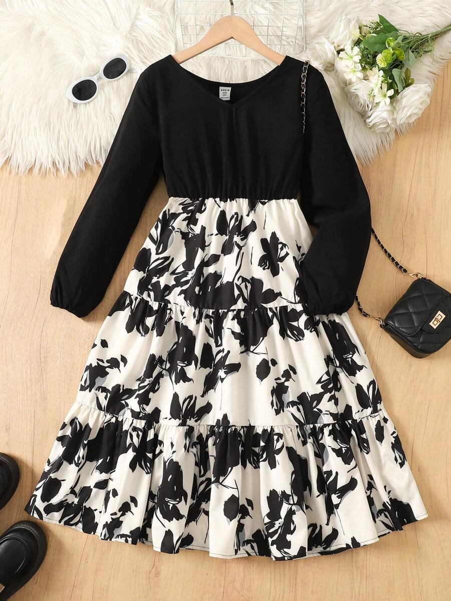 SHEIN 少女花卉印花拼色休閒日常夏季洋裝 - 黑色 - 查看 1