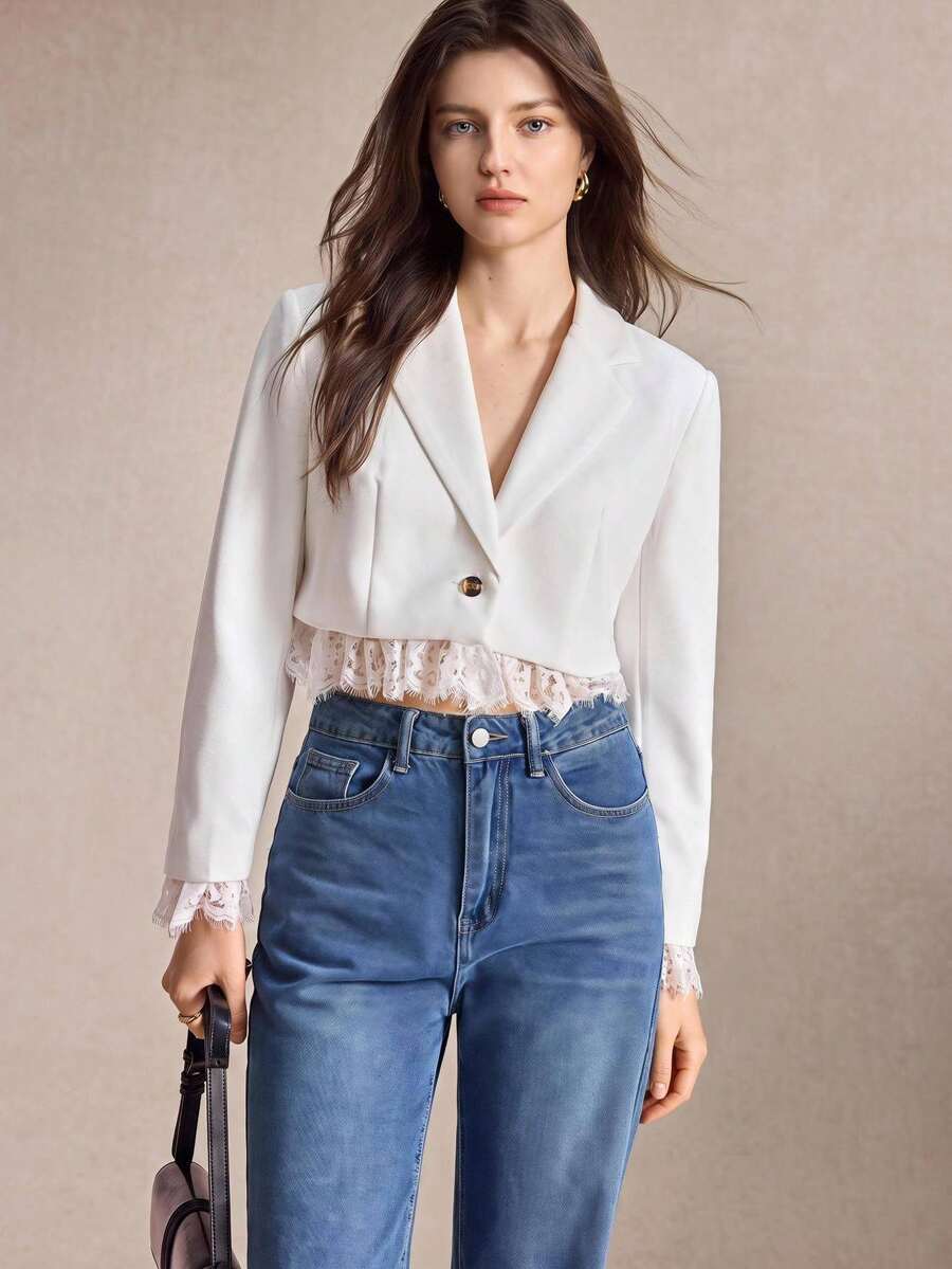 BizChic 白色女款輕便西裝外套,蕾絲飾邊拼接設計,適合秋季、萬聖節、開學季、教堂、特殊場合,優雅法式復古休閒風 - 白色 - 查看 1