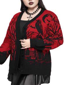 ROMWE Winter/Christmas Gothic Horror Raven, Bat, Moon, Graveyard, Tree Branch, Plant Print Plus Size Color Block Loose Cardigan, Plus Size - Red - View 5