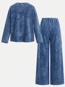 Teen Girls Heart Pattern Blue Knit Denim Loose T-Shirt & Pants 2pcs Set - Blue - View 3