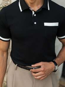 YOUESAWY YOUESAWY Men Contrast Trim Polo Formal Shirt Cotton, Ceremony - Black - View 4