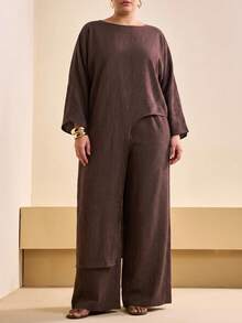 SHEIN Tall CURVE Bộ 2 món áo choàng dài màu trơn đa năng vạt bất đối xứng và quần ống rộng dáng suông có túi cho người size lớn - màu nâu - Xem 10
