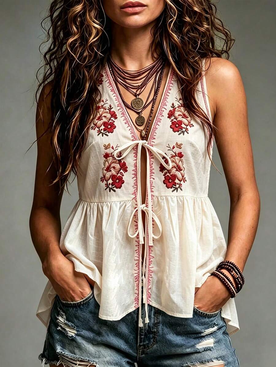 SHEIN Women's Floral Print Tank Top, Floral Pattern, Vacation, Casual, Comfortable, Loose Fit, Tie Design, Commute Versatile Sleeveless Tank Top - Multicolor - View 1
