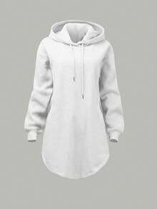 INAWLY Women's Solid Color Drop Shoulder Long Sleeve Loose Drawstring Sweatshirt - White - View 4