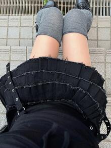 FRIFUL Women's Raw Hem Pleated Casual Goth Versatile Daily Denim Mini Skirt Night Out Black Summer - Black - View 6