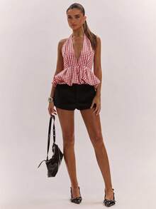 SHEIN BAE Women's Summer Sexy Plaid Backless Halter Top Going Out Vacation Red And White Plaid - Red and White - View 4